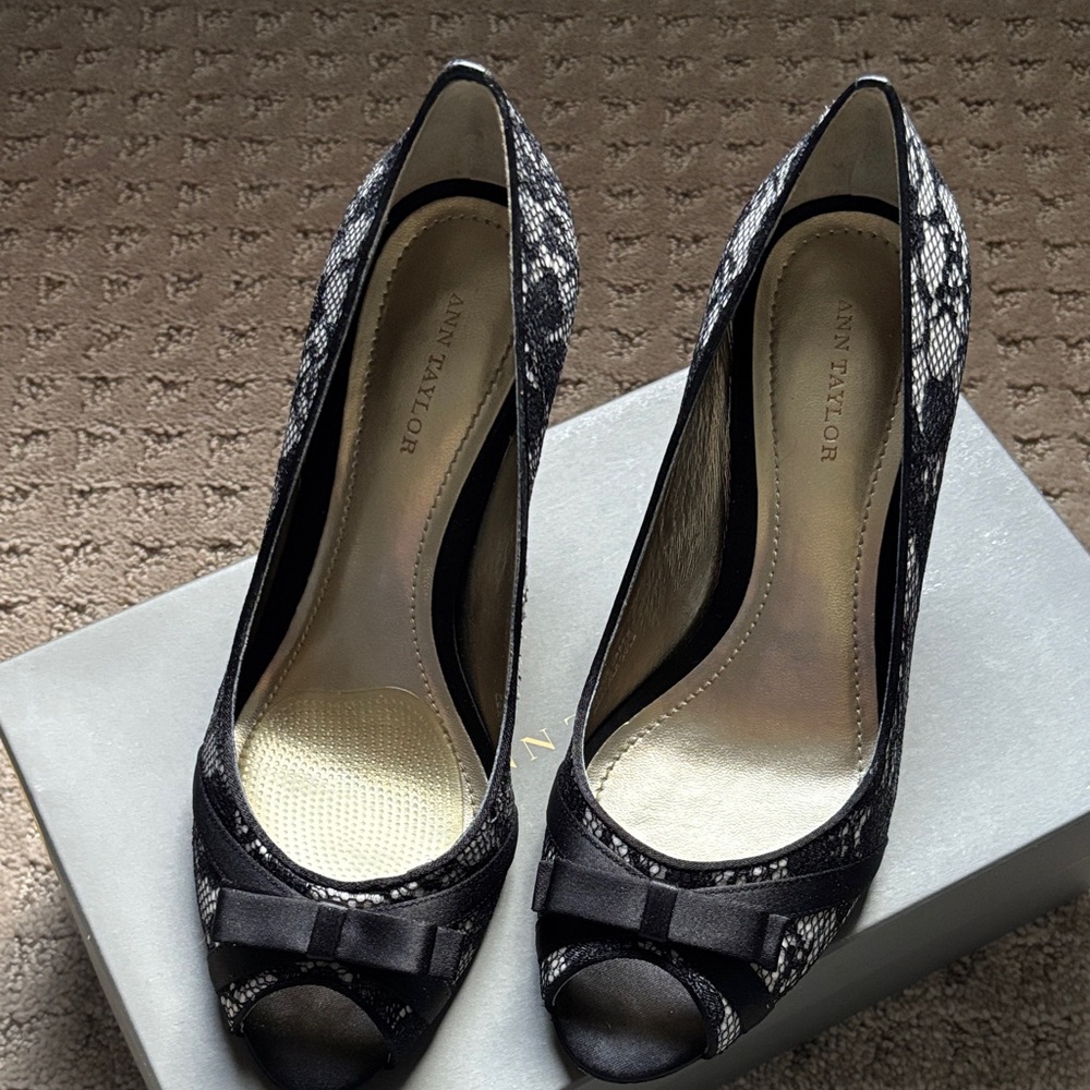 Ann Taylor Black Lace and White Heels